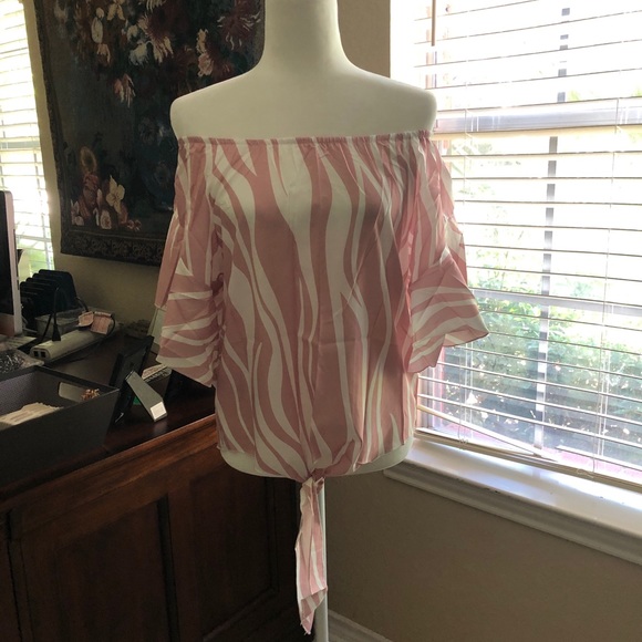 ❣️SALE❣️ 🆕 S/M Pink & White Off-the-Shoulder Top - Picture 13 of 14